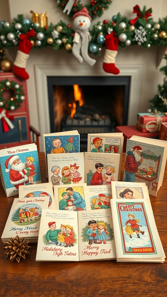 Vintage 1950s Christmas cards with Santa, families, and festive scenes on a wooden table.